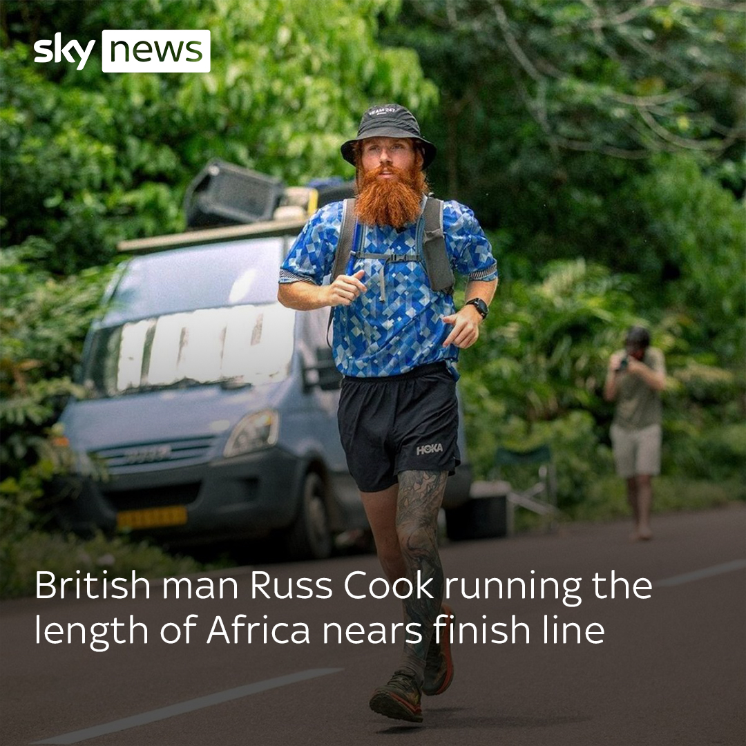 Russ Cook, who calls himself Russ Cook on social media, has run from the tip of South Africa to Tunisia, clocking up more than 16,000km over 350 days. Sky's Rob Harris is in Tunisia at the finish line... Full story ➡️