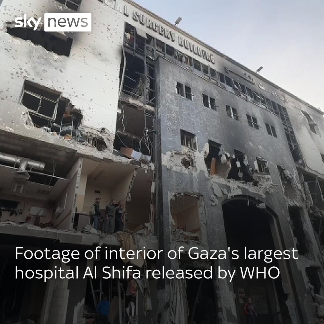 Footage of interior of Gaza's largest hospital Al Shifa released by WHO. WHO chief Tedros Ghebreyesus said that the hospital had been reduced to ashes, leaving it an "empty shell with human graves".