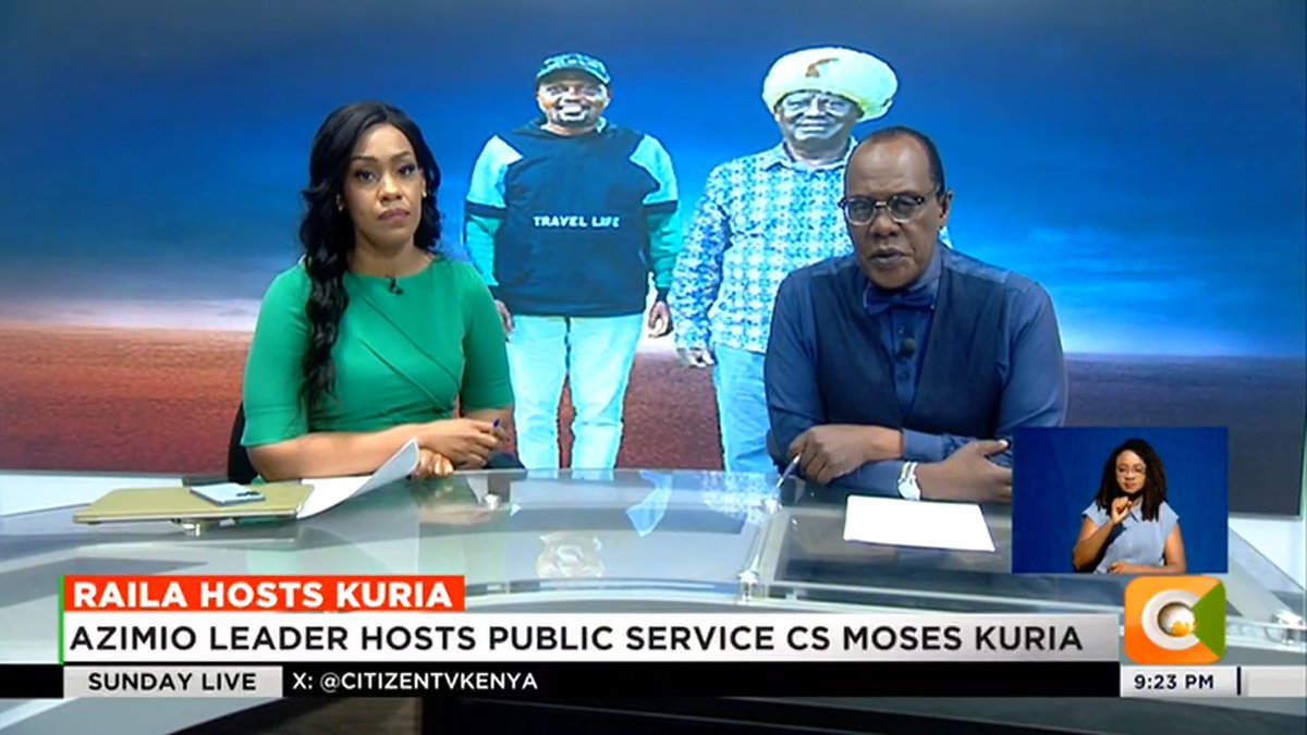 Raila Hosts Kuria: Azimio leader hosts public service CS Moses Kuria Kuria was accompanied by his mother, wife & friends Kuria expresses support for Raila's AU Commission bid #SundayLive Jeff Koinange, MBS Victoria Rubadiri
