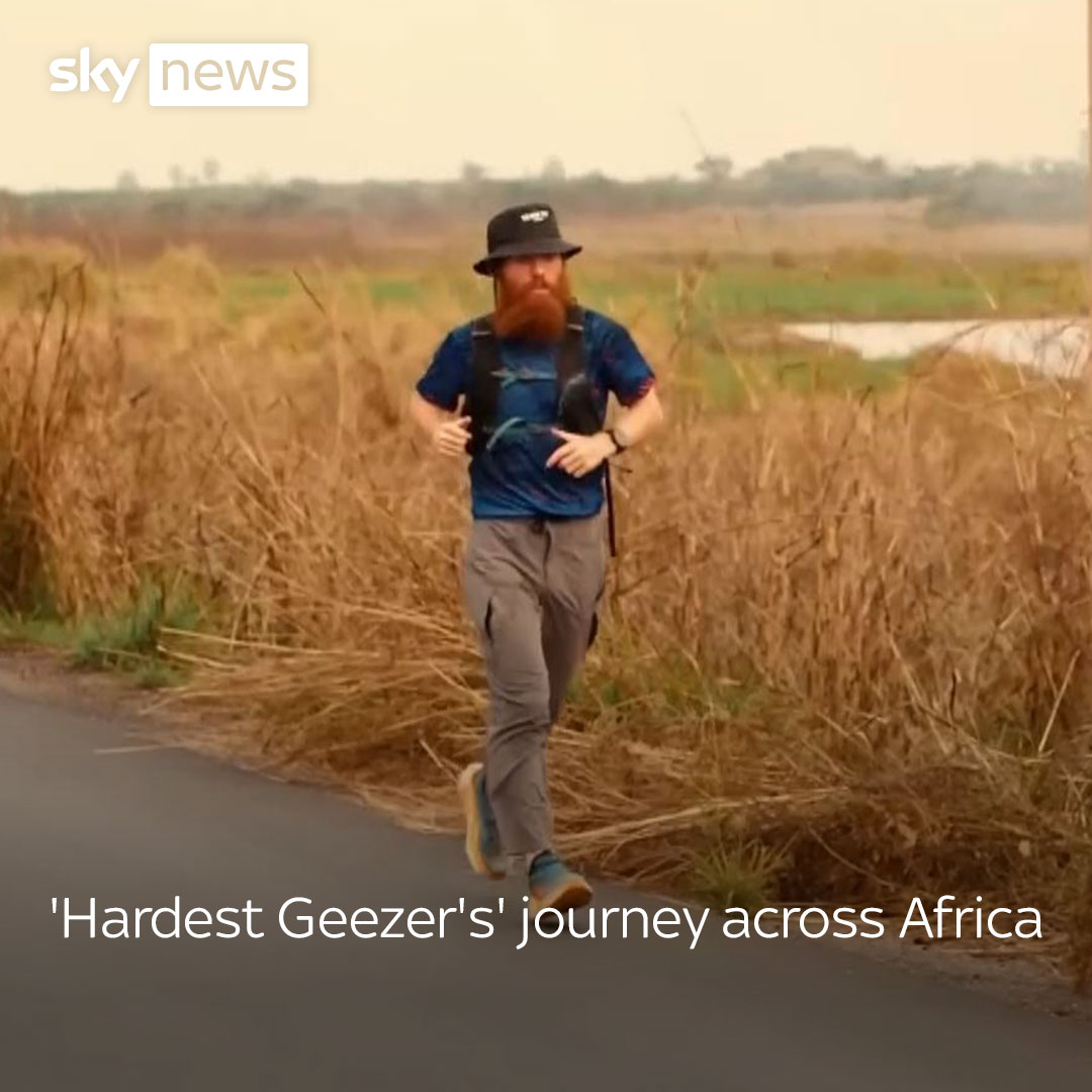 Russ Cook, from Worthing, West Sussex, has raised more than £600,000 for two charities after running across 16 countries in just under a year. Here's a look back at @HardestGeezer's journey across Africa as he completes his epic challenge 👇 Read more: