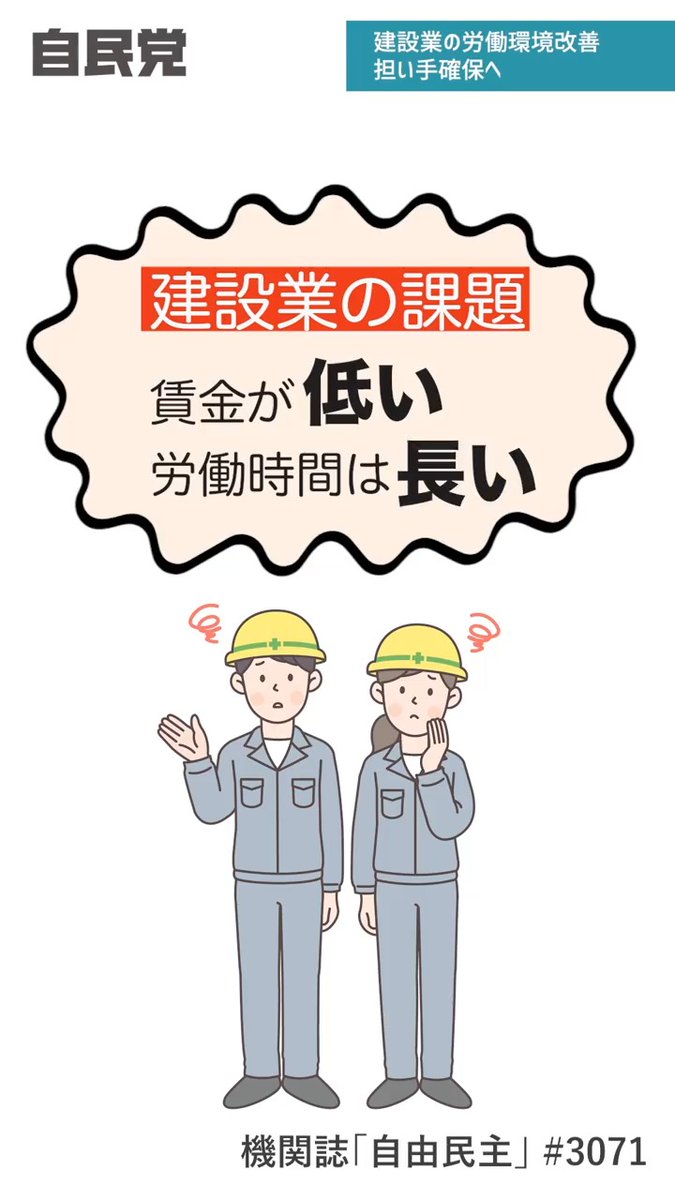 📽️1分解説動画「 建設業の労働環境改善 担い手確保へ」 建設業は他の産業に比べて賃金が低く、労働時間も長いことから担い手の確保が困難となっています。 #自民党 は法律を改正して、建設業に携わるみなさんの処遇改善に取り組みます。 （機関紙「自由民主」より要約）