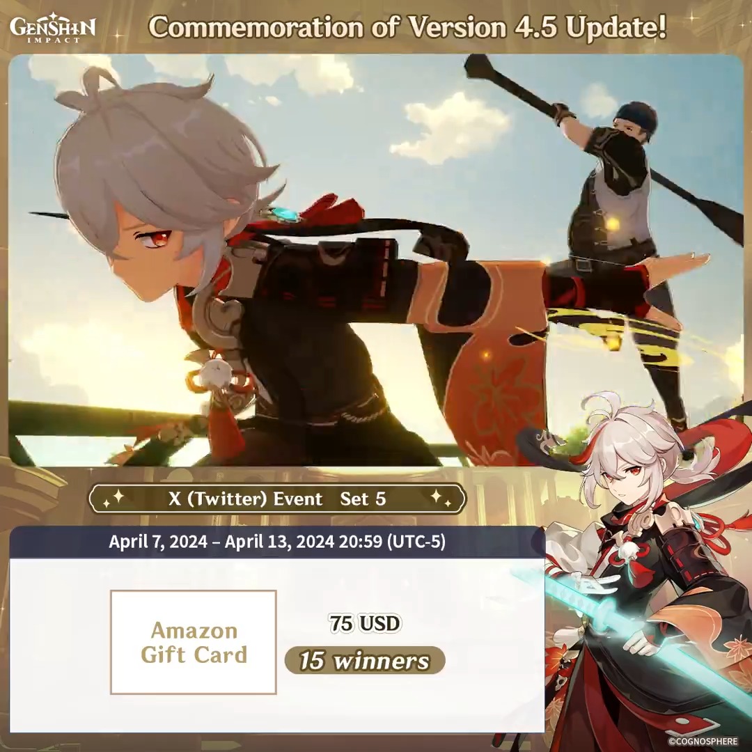 ✨Set 5✨ Commemoration of Version 4.5 Update 🎁Participate in the event for a chance to win a $75 Amazon gift card. How to Participate: ① Follow Genshin Impact ② Retweet this post You can instantly check the event results here>>> #GenshinImpact4ꓸ5