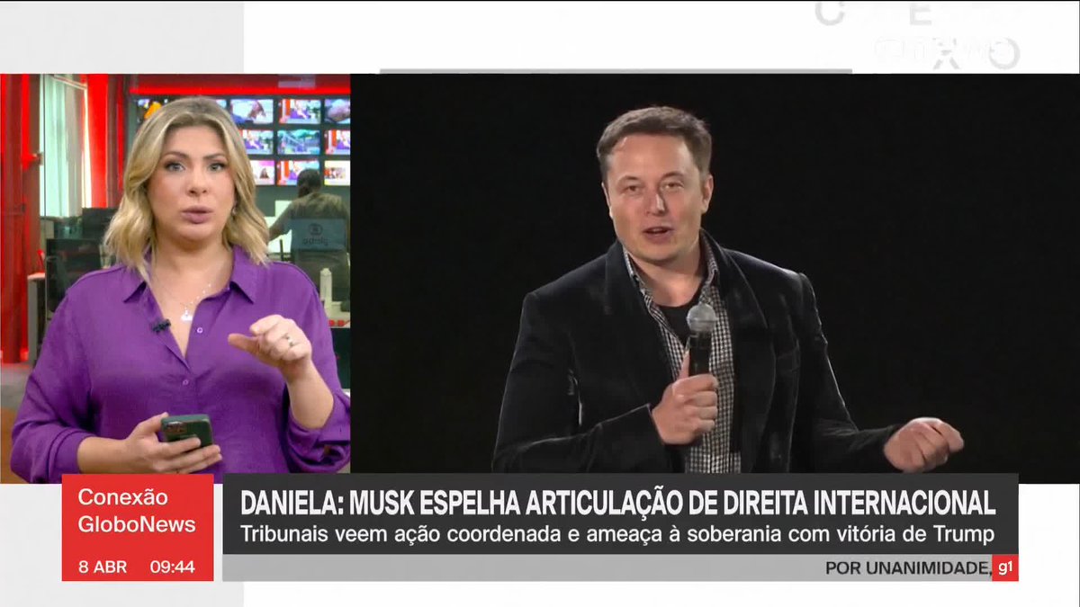 .Daniela Lima: “Elon Musk está espelhando uma estratégia de articulação internacional de radicais da direita”. ➡ Assista ao #ConexãoGloboNews: #GloboNews