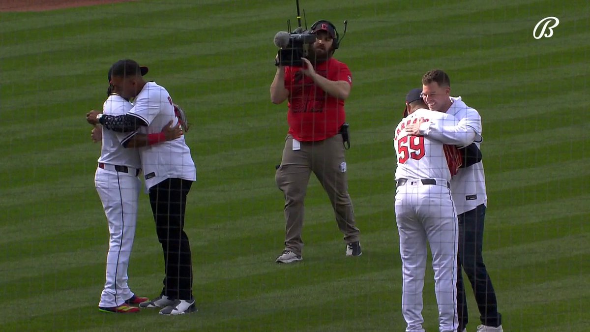 Former Guardians Corey Kluber and Michael Brantley, both members of the 2016 American League Championship team, tossed the Ceremonial First Pitch before the Home Opener today. #ForTheLand | Cleveland Guardians