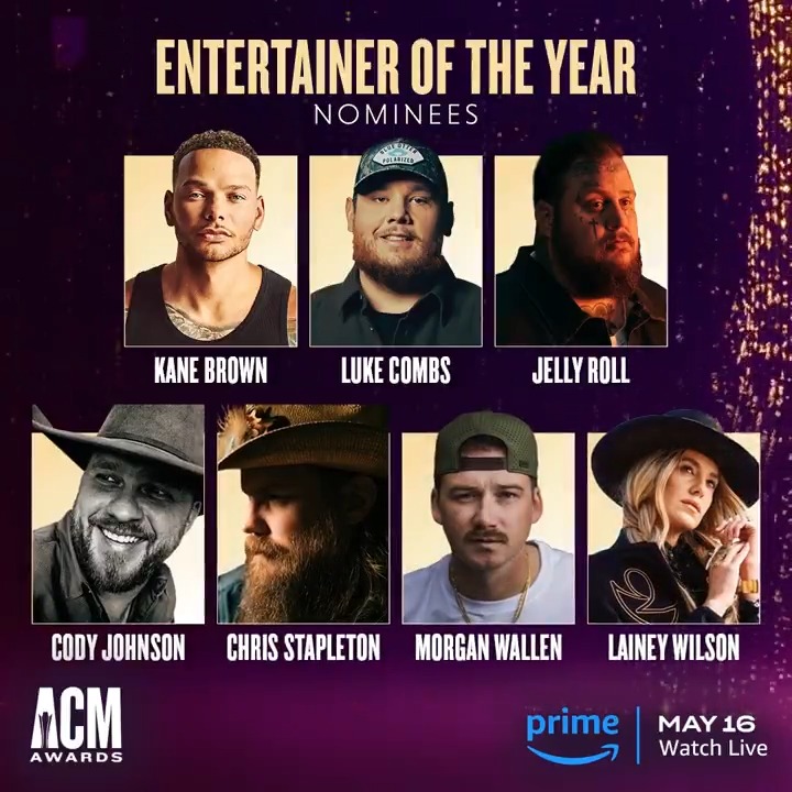 #ACMawards Entertainer of the Year Nominees: ✨ Kane Brown ✨ Luke Combs 🎤 ✨ Jelly Roll ✨ Cody Johnson ✨ Chris Stapleton ✨ morgan wallen ✨ Lainey Wilson