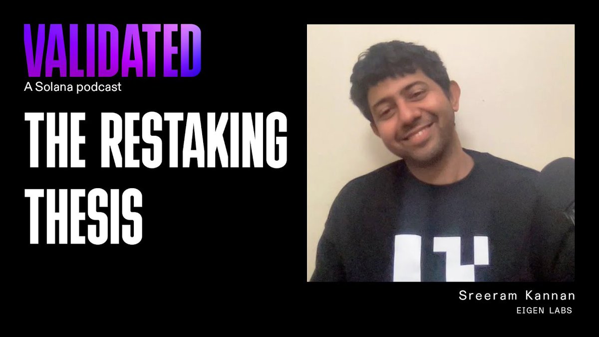 The restaking thesis 👀 This week on Validated, Austin Federa | 🇺🇸 is joined by Sreeram Kannan. They dive into , its tradeoffs, debate the pros and cons of restaking, bringing Eigenlayer to blockchains outside of Ethereum, and more. 📺Watch: