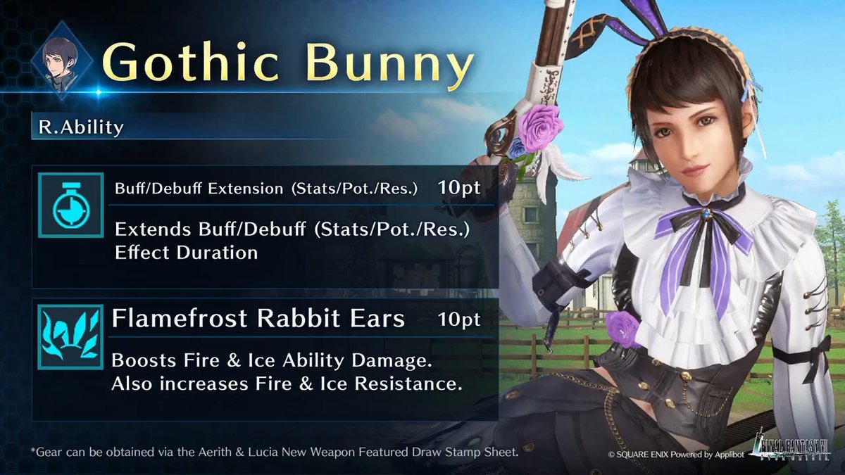 Check out Lucia's Gothic Bunny! Get this Lucia-Exclusive Gear from Aerith & Lucia New Weapon Featured Draw on the Stamp Card! #FF7EC #FF7EverCrisis #FF7