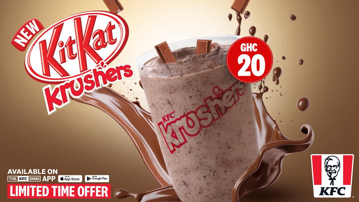 Get ready to crush those cravings with the all-new 𝐊𝐢𝐭𝐊𝐚𝐭 𝐊𝐫𝐮𝐬𝐡𝐞𝐫! 🥤🍫😋 Indulge in big taste, chilled and bold flavour, now available at every KFC Restaurant nationwide! Also available on the KFC Ghana App. Order Now: #KFCKitKatKrusher
