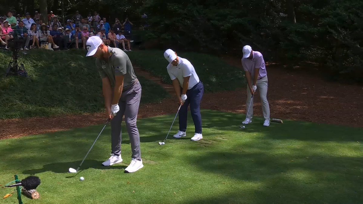 In unison, Sam Burns, Tom Kim and Scottie Scheffler successfully find No. 9 green on the Par 3 course. #themasters
