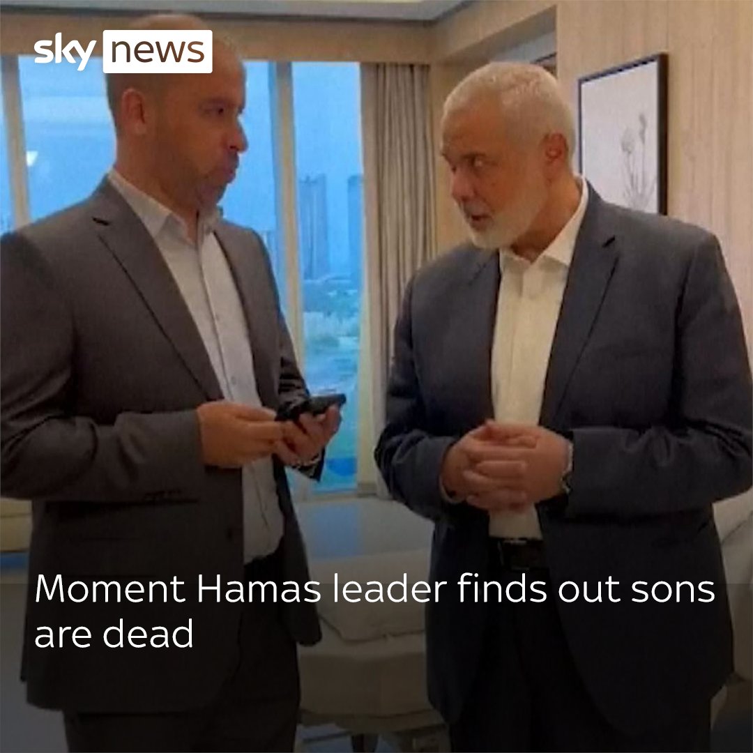 This is the moment Hamas leader Ismail Haniyeh received news that his sons were killed by an Israeli air strike in Gaza. The Israel Defence Forces confirmed it killed Haniyeh's three sons - claiming they were terrorists.
