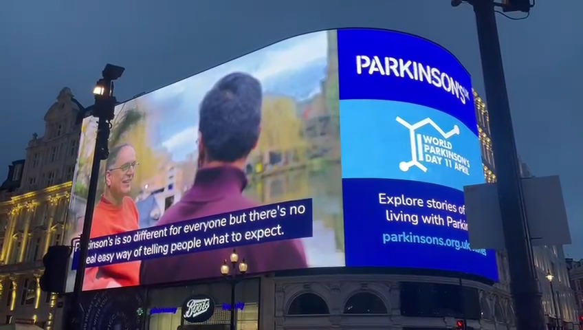 We're proud to be featured on the Piccadilly Lights for a second year in a row for #WorldParkinsonsDay 💙 We're shining a light on the daily lives of people with Parkinson's and their loved ones. The good. The bad. The funny. The sad. The ons. The offs. And everything in between.