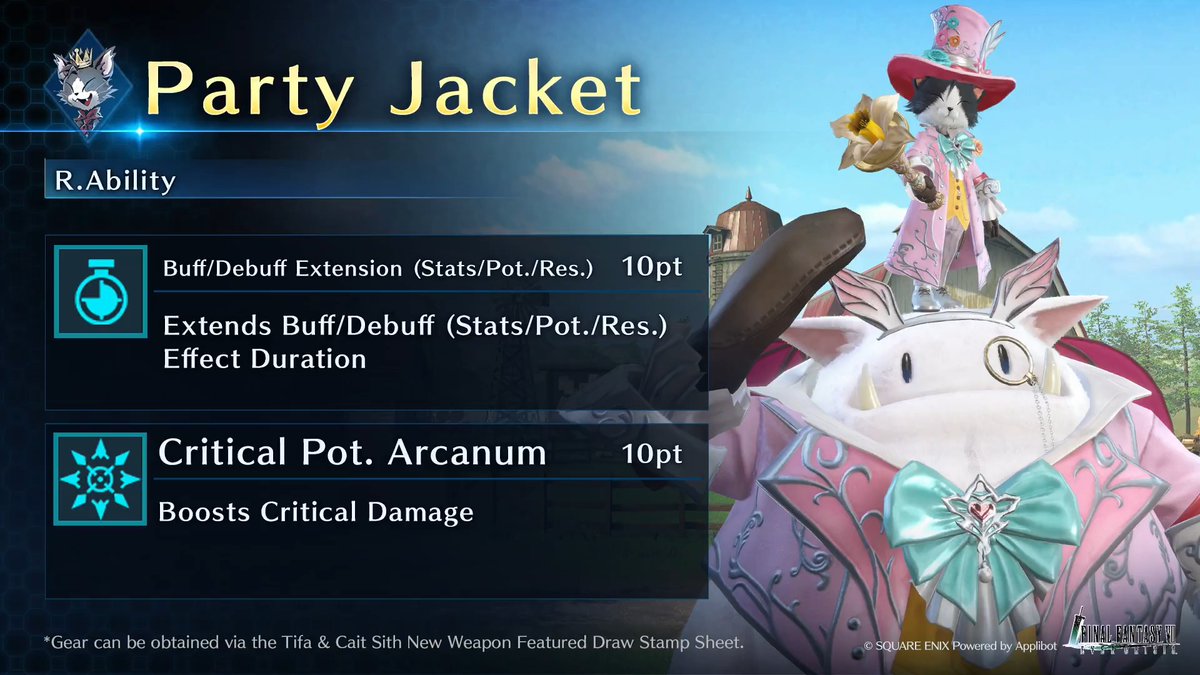 Check out Cait Sith's Party Jacket! Get this Cait Sith-Exclusive Gear from Tifa &amp; Cait Sith New Weapon Featured Draw on the Stamp Card! #FF7EC #FF7EverCrisis #FF7