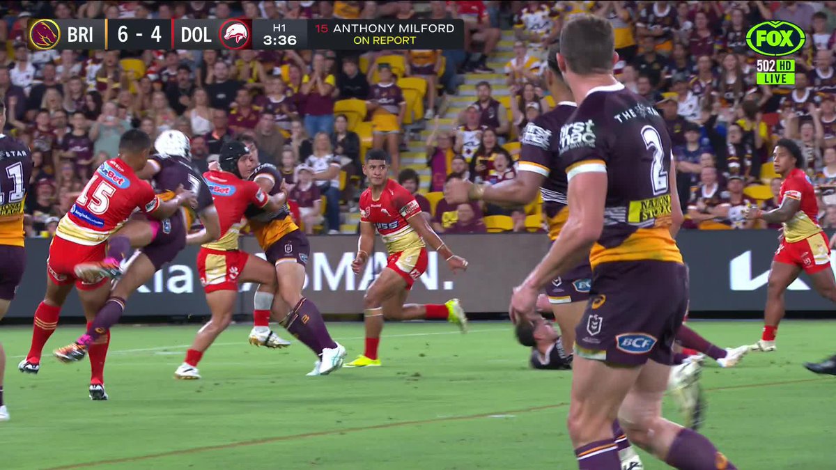Anthony Milford was put on report for this dangerous hit on Reece Walsh. 📺 Watch #NRLBroncosDolphins on ch.502 or stream on Kayo: ✍️ BLOG 🔢 MATCH CENTRE