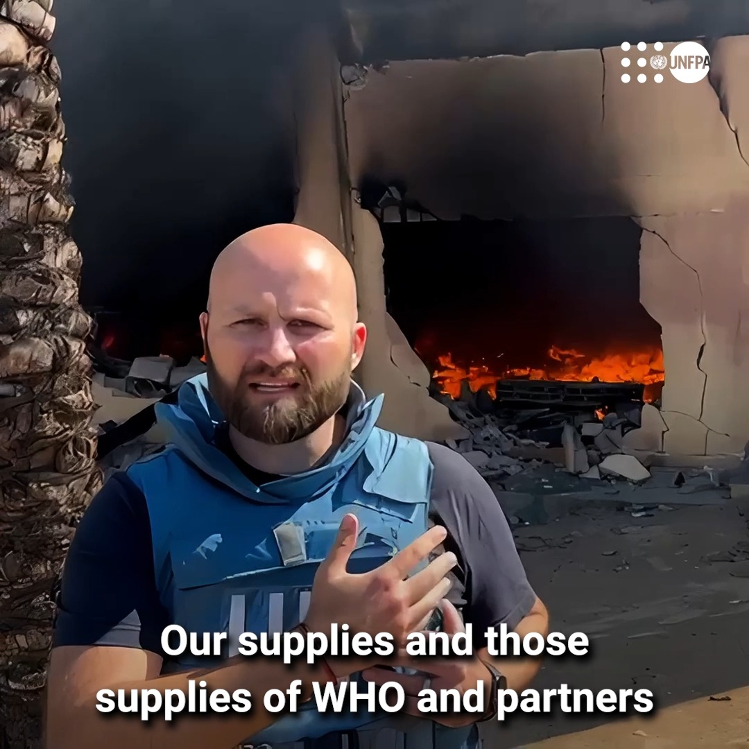 “It’s full of the smell of death.” Until recently, pregnant women received life-saving care at Nasser Hospital in Khan Younis, #Gaza. Now it sits empty and burning. Let UNFPA in Palestine representative Dominic Allen show you the destruction alongside a United Nations team.