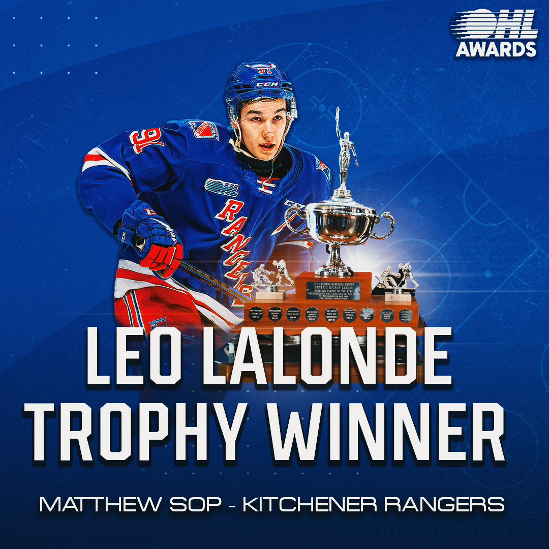 2024 #OHLAwards 🏆: Kitchener's own Matthew Sop of the Kitchener Rangers claims the Leo Lalonde Memorial Trophy as #OHL Overage Player of the Year, racking up 90 points while finishing tied for the league-lead in game-winning goals (10) and OT winners (5).