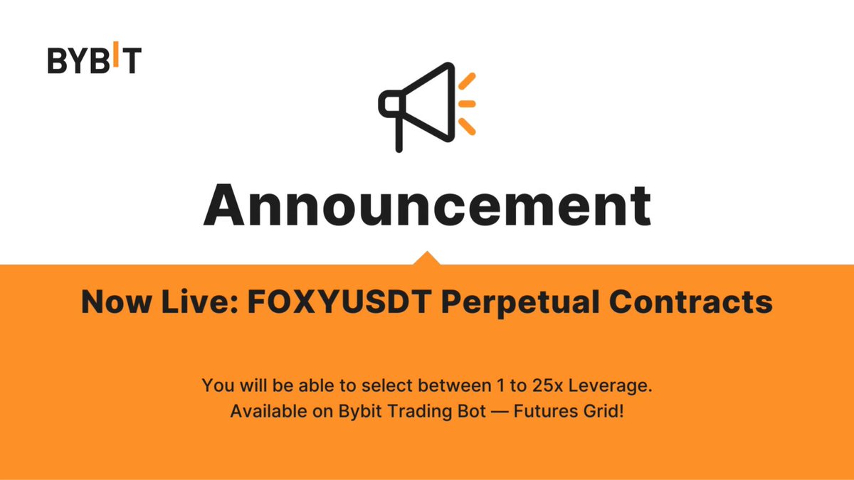 🚀 #FOXYUSDT Perpetual Contract is now Live on #Bybit! Trade with up to 25x Leverage. Available on Bybit Trading Bot - Futures Grid. 📈 Trade $FOXY: #BybitTrading #BybitContracts