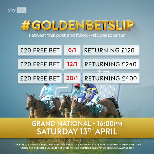 #GrandNational 🤝 #GoldenBetslip One lucky entrant will win a retrospective £20 free bet on the starting price of the winning horse in the Grand National at 4pm 🏇💷 To enter, simply.. 1⃣ Follow Sky Bet 2⃣ RT this post T&Cs apply 🔗👇