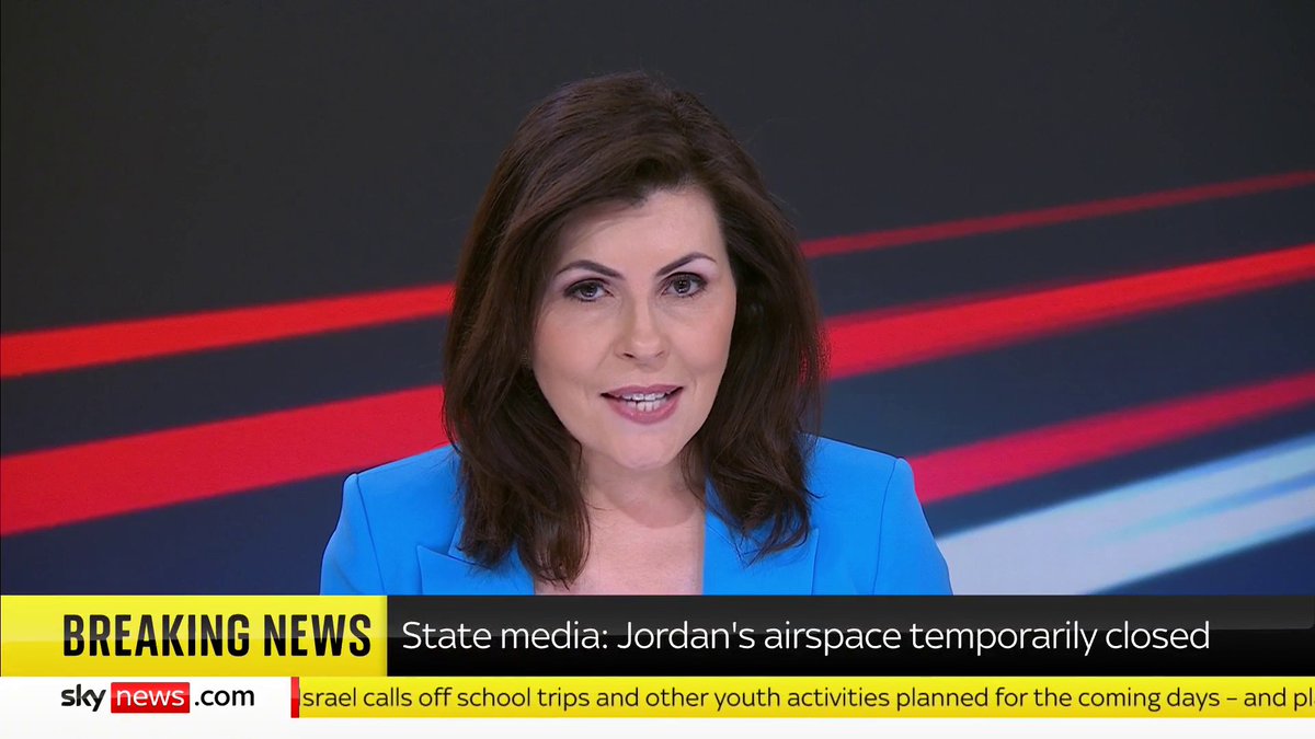 BREAKING: Jordan will temporarily close its airspace this evening, state media has reported. Incoming, departing and transit aircraft will be stopped from entering the airspace, Al Mamlaka News said. 📺 Sky 501