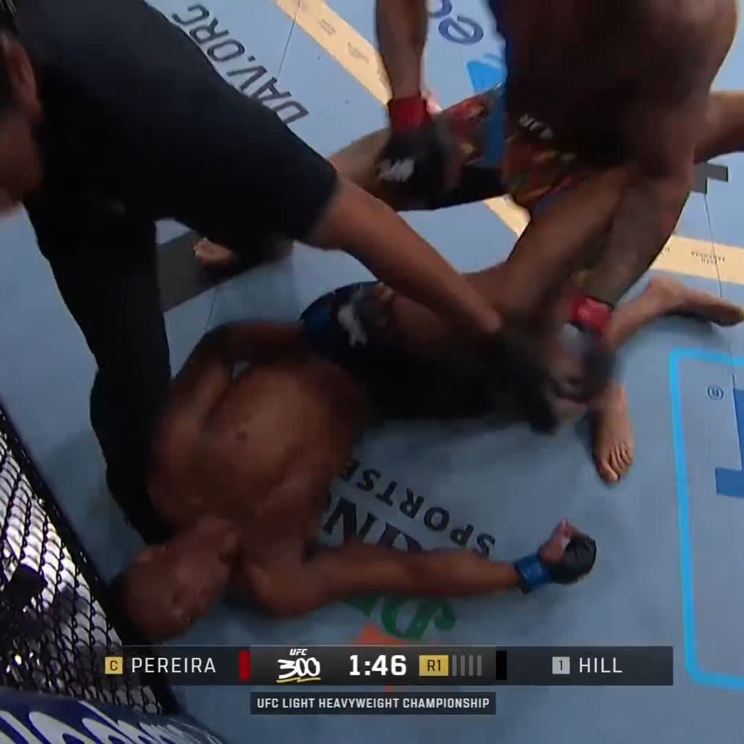 Easy day in the office for Alex "Poatan" Pereira 😮💨 He gets the first round TKO to retain his LHW belt! #UFC300
