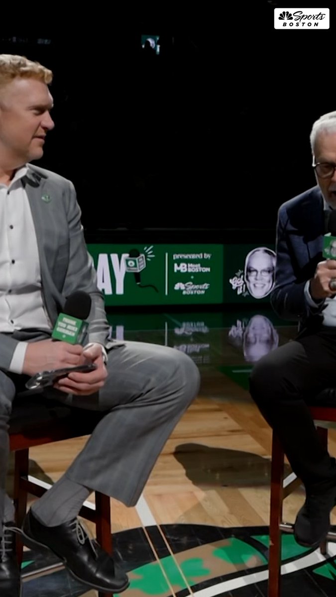 Mike Gorman gets emotional remembering Tommy Heinsohn during the halftime ceremony for Mike's final regular season game. 💚🍀 Forever two Celtics legends.