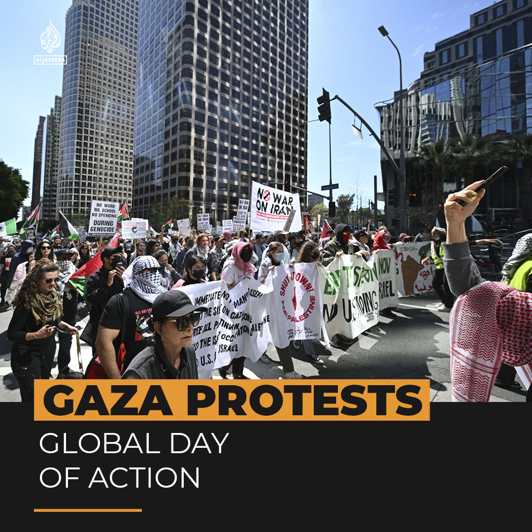 US Palestine solidarity protesters shut down the Golden Gate bridge as part of a global day of action over Israel’s war on Gaza, which also saw key economic sites blockaded in cities across the world ⤵️