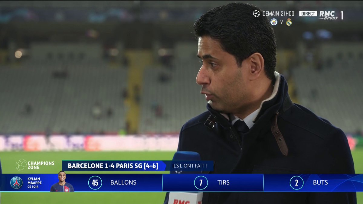 🔥🔴🔵 "On est un grand club, on est là pour aller le plus loin." La joie de Nasser al-Khelaïfi après la qualification des Parisiens en demi-finale de la Ligue des Champions. #RMClive