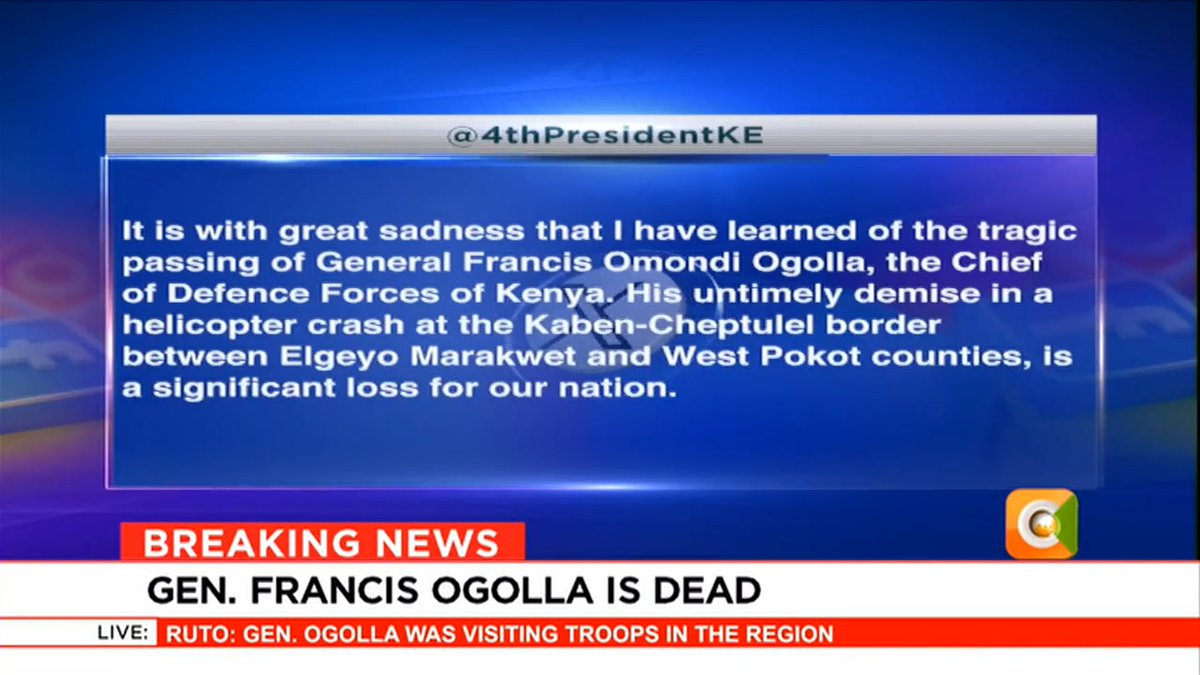 Mourning Gen. Ogolla: Former President Uhuru mourns death of Gen. Ogolla Uhuru: Ogolla's death is a significant loss for our nation #Tonight Sam Gituku