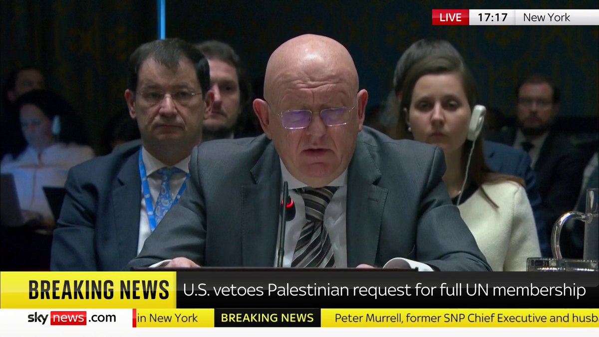 BREAKING: Palestinian bid to become a full UN member has been vetoed by the US 📺 Sky 501, Virgin 602, Freeview 233 and YouTube