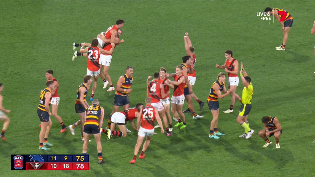 WHAT A FINISH. Adelaide appeal for holding the ball, they don't get the call, and Essendon win by three points 😮 #AFLCrowsDons