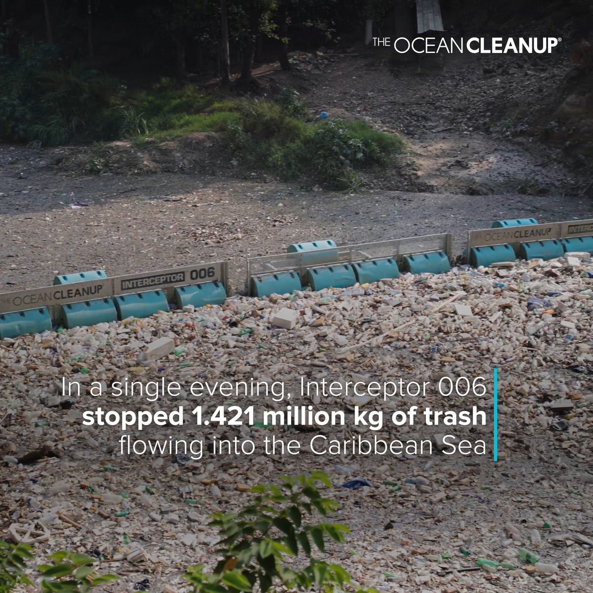 BREAKING: We just made our largest ever plastic catch. Interceptor 006 in the Rio Las Vacas, Guatemala, stopped 272 truckloads of trash - equal to 1.4 million kg (3.1 million lbs) - from flowing into the Caribbean Sea. All in a single evening.