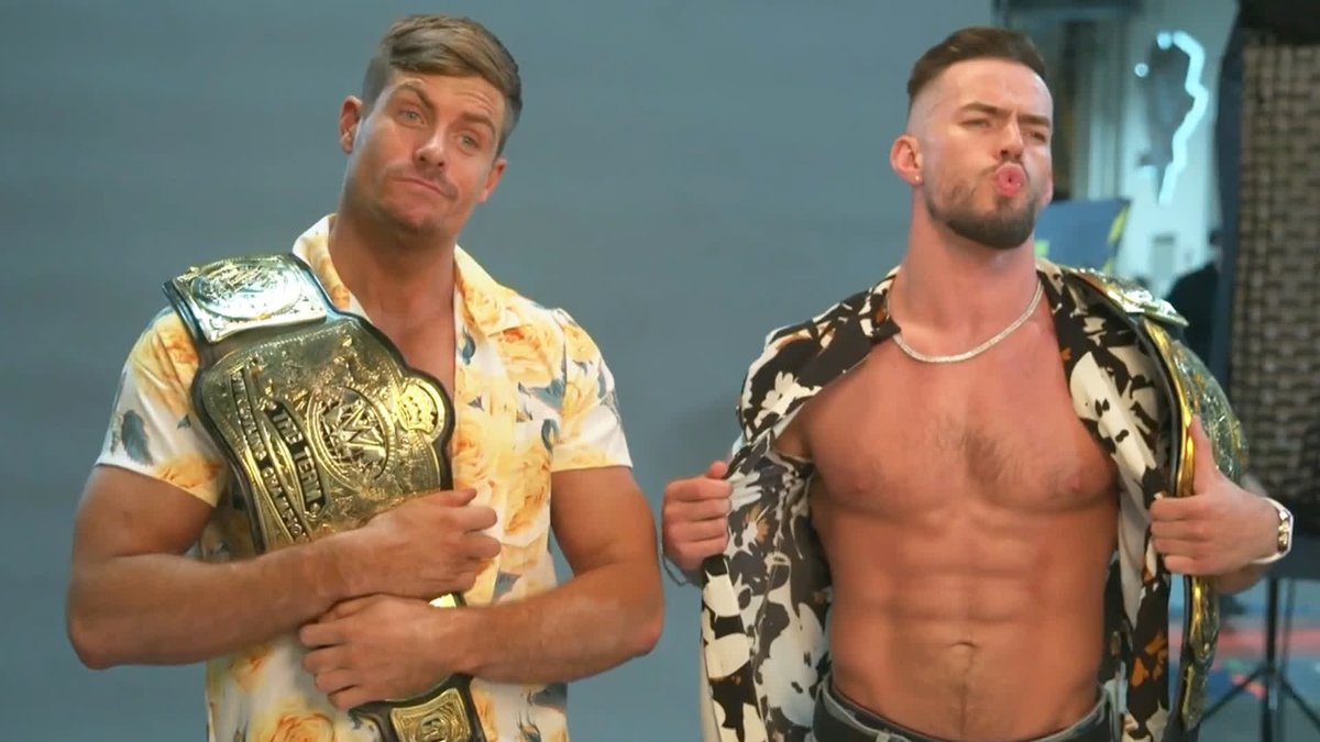EXCLUSIVE: During a WWE Tag Team Title photoshoot, Grayson Waller & Austin Theory claim that 𝕂𝕚𝕟𝕘 𝕋𝕖𝕫 and Angelo Dawkins will never take their titles. #SmackDown