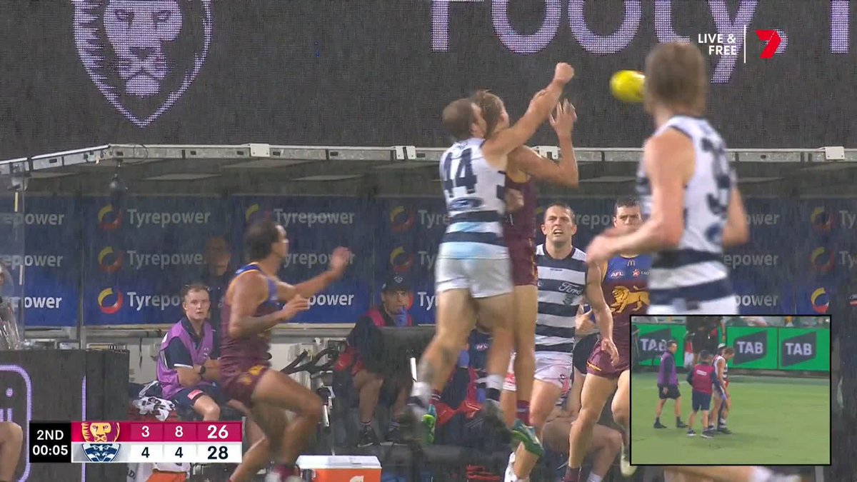 Tom Stewart has come from the ground after this collision shortly before half time. #AFLLionsCats