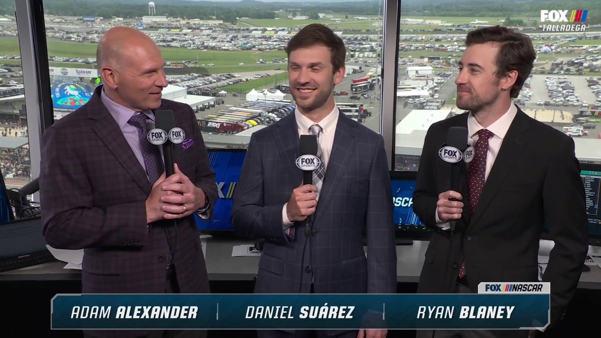 A solid squad in the NASCAR Xfinity booth today. We're LIVE on FOX. Daniel Suárez | Ryan Blaney | Adam Alexander