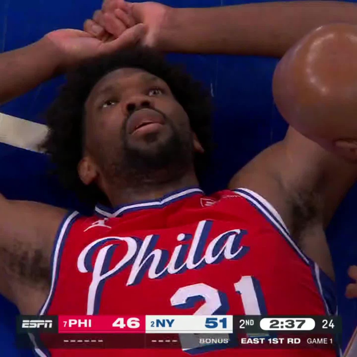Joel Embiid went back to the locker room after an apparent injury.