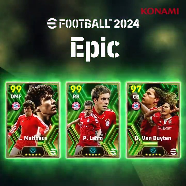 【Epic: FC Bayern München】 フィリップ ラームとダニエル ファン ブイテンが初登場! フィリップ ラーム (アジリティ +2) ローター マテウス (デュエル +2) ダニエル ファン ブイテン (ディフェンス +2) 新たな選手特性”ブースター”を持つレジェンド3名を獲得し、守備を強化しよう! #イーフト