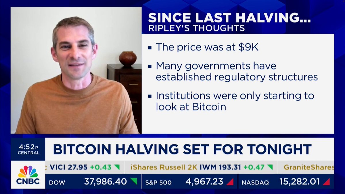 "This is the first time we've actually seen an all-time high before the halving... we're a little bit ahead of schedule." Recently on CNBC Kraken CEO Dave Ripley shared his views on this current #bitcoin market cycle ⤵️