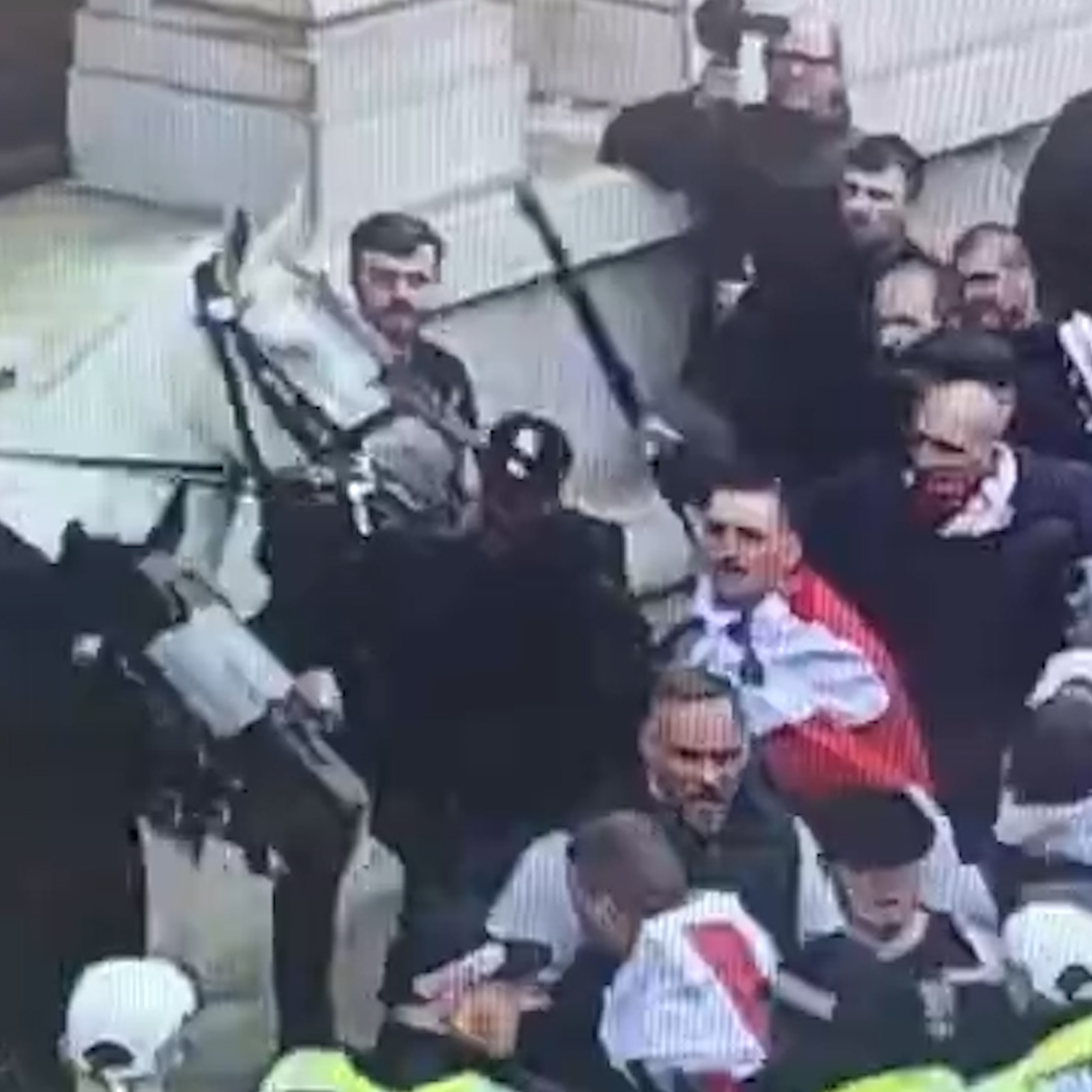 A police horse has been hit amidst violence at London's St George's Day celebration. The Met say they deployed extra officers as “far right groups and groups linked to football clubs” had travelled from around the UK.
