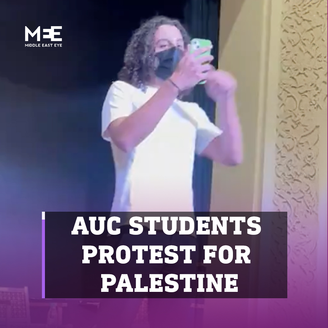 Students at the American University in Cairo rallied at Ewart Hall, demanding the university cut ties with companies linked to Israel and support Palestine. Amid heightened security, they called for a boycott of firms like Axa Insurance and HP.