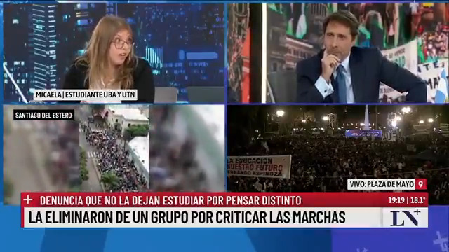 🗣️ "Si saben que apoyas a Milei no te dejan estudiar en paz y meten miedo". Micaela, estudiante de la UBA y de la UTN, relató situaciones que vivió en la universidad por criticar las marchas. 👉 En #ElNoticiero con Eduardo Feinmann.