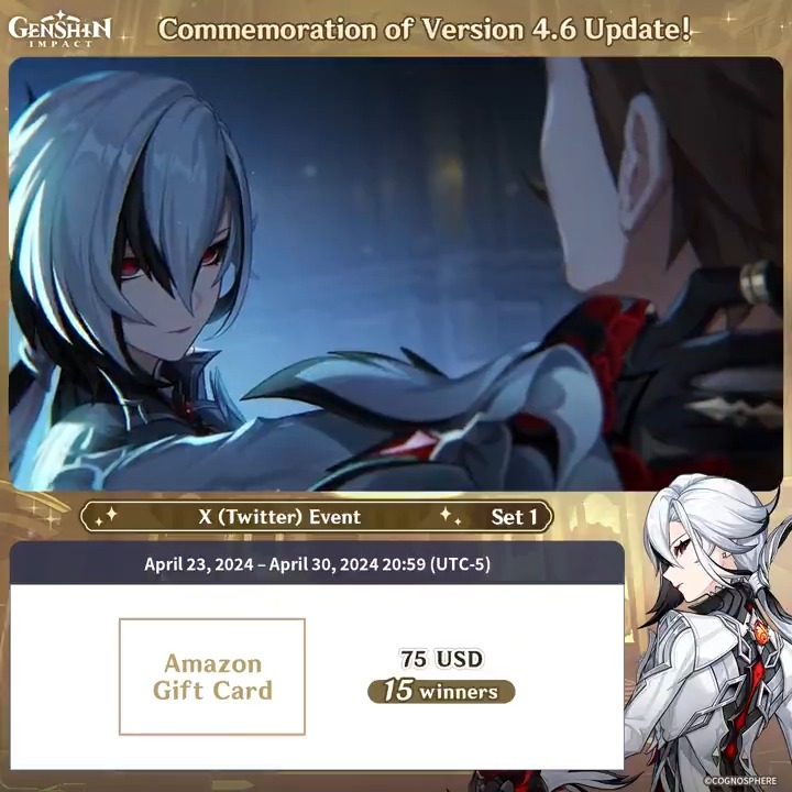 ✨Set 1✨ Commemoration of Version 4.6 Update 🎁Participate in the event for a chance to win a $75 Amazon gift card. How to Participate: ① Follow Genshin Impact ② Retweet this post You can instantly check the event results here>>> #GenshinImpact4ꓸ6