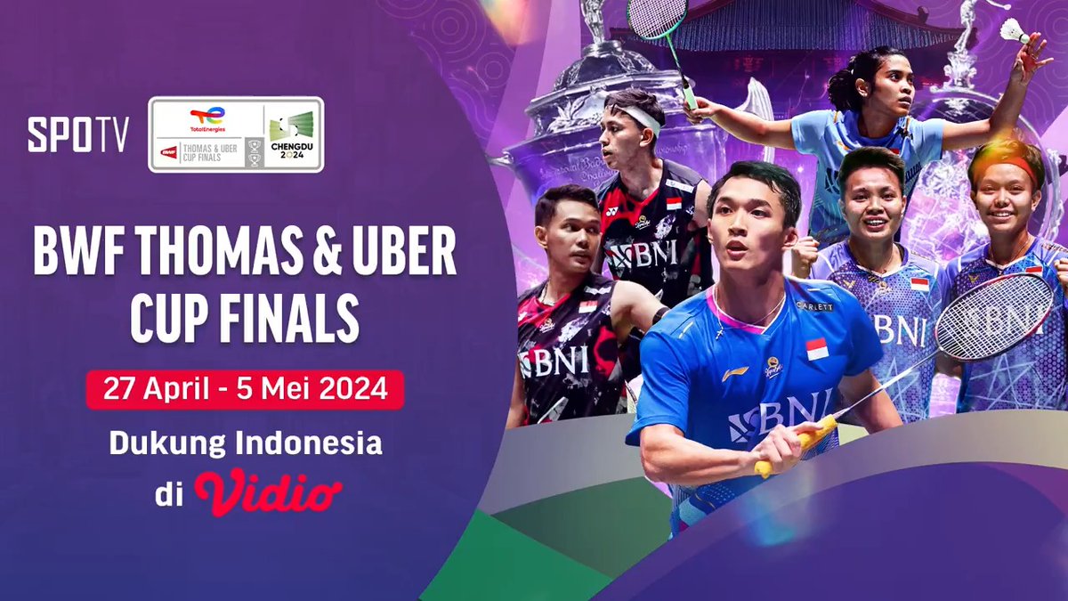 🏸 Ayo dukung atlet bulutangkis kebanggaan Indonesia di Vidio! 🏆 Saksikan putra & putri terbaik Indonesia berjuang di Thomas & Uber Cup 27 April - 5 Mei 2024 dari mana pun dengan tayangan jernih. Saksikan hanya di Vidio!