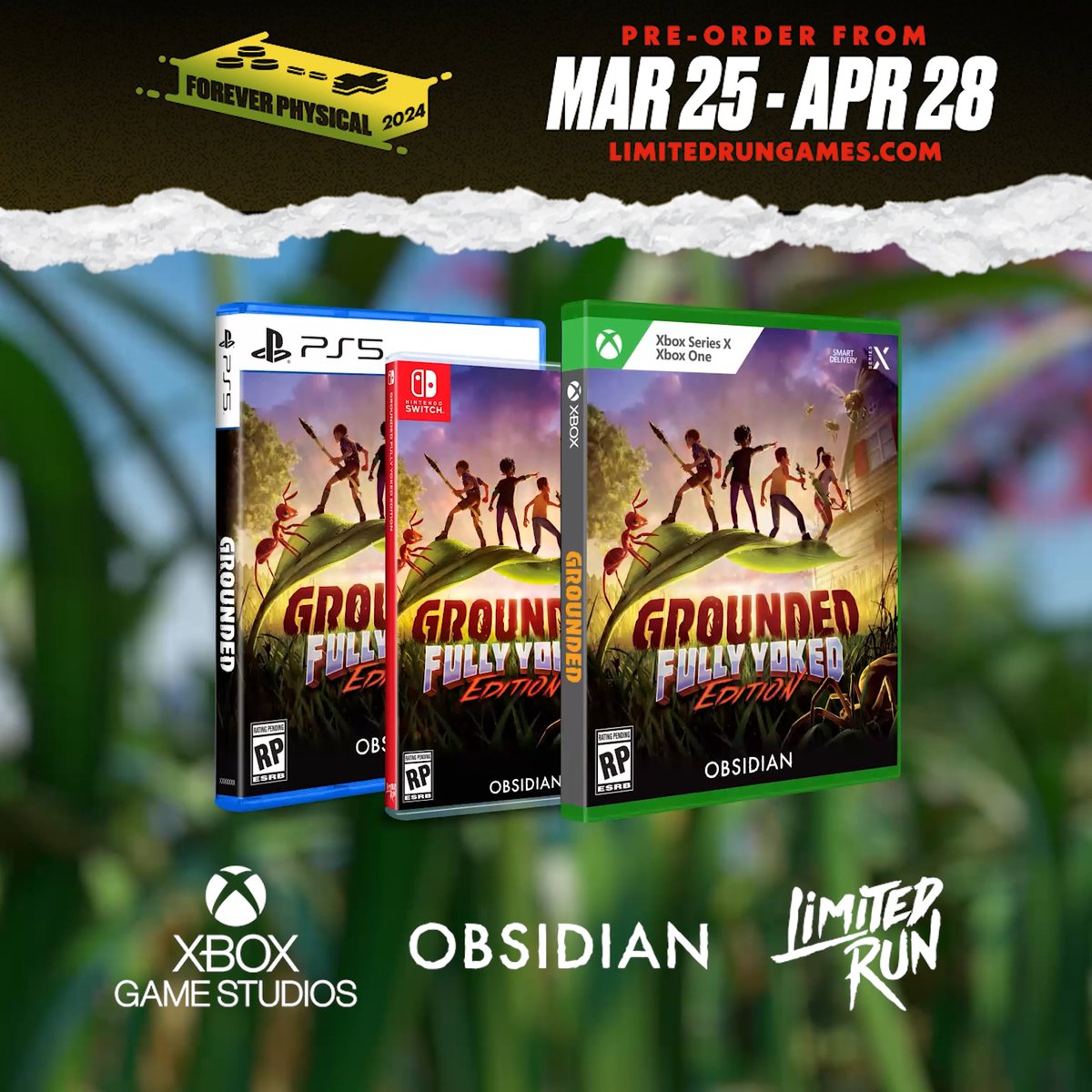 Let's get PHYSICAL!⚡Less than a week away before pre-orders close for the physical release of Grounded: Fully Yoked Edition. Available for Xbox Series X|S, Xbox One, Nintendo Switch, and PS5 at Limited Run Games