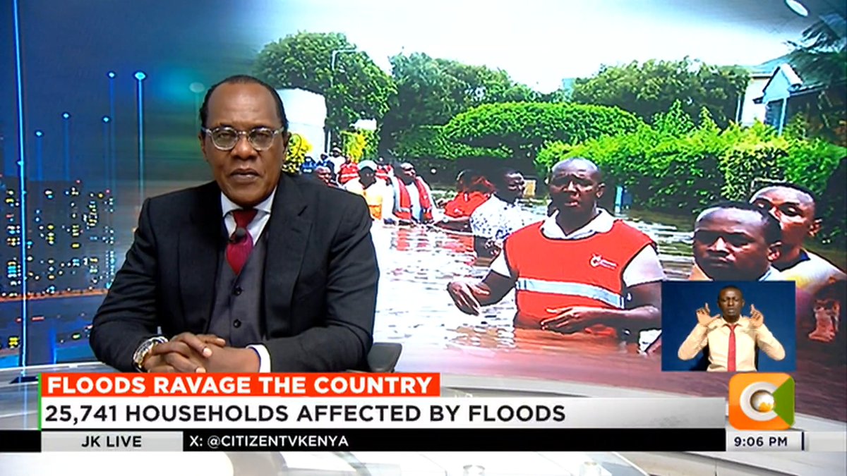 Floods Ravage The Country: 25,741 households affected by floods 49 people dead, 11, 617 families displaced Residents of Graceland Park trapped Athi River burst its banks Roads in most parts of the country damaged #JKLive Jeff Koinange, MBS
