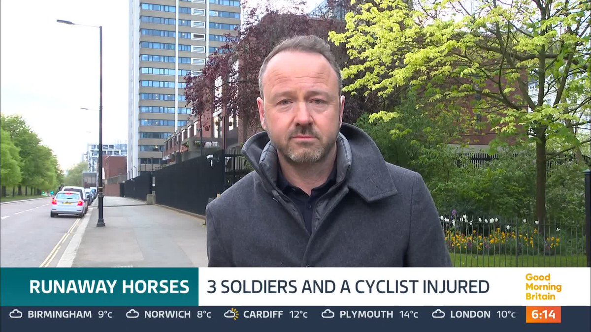 4 people have been treated in hospital after five Household Cavalry horses charged through central London, causing chaos and colliding with vehicles. They managed to become loose during an exercise, after being spooked by a loud noise from a building site. Jonathan Swain reports.