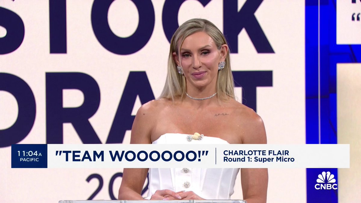 Reigning Stock Draft Champ, WWE's Charlotte Flair gets the 3rd pick in the first round of the 2024 CNBC Stock Draft. "Team Woooooo!" picks Super Micro. $SMCI #cnbcstockdraft