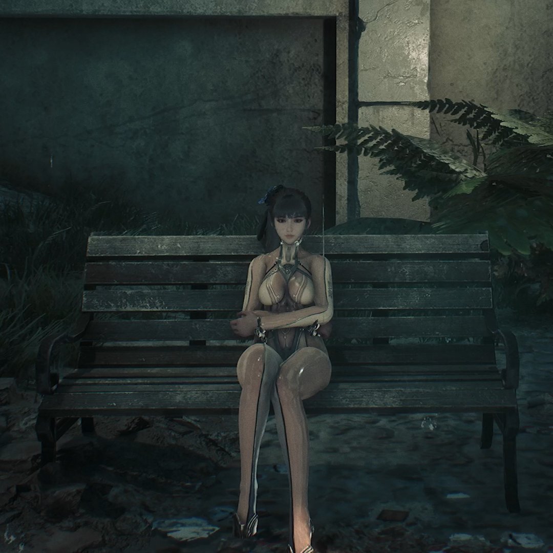 Eve sitting on a bench in Eidos 7 #StellarBlade