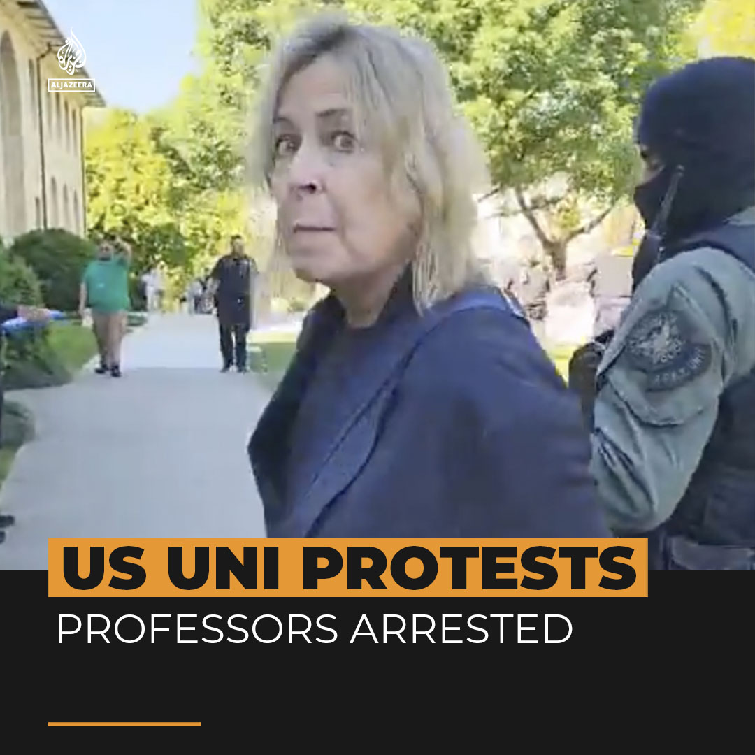 Protesters accused police of excessive force during arrests at an anti-war protest camp at Emory University in the US where one female professor was hauled to the ground and detained and another demonstrator tasered.