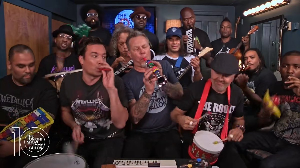 Jimmy, Metallica, and @TheRoots perform "Enter Sandman" with Classroom Instruments! #Tonight10 #FallonTonight #FallonFlashback