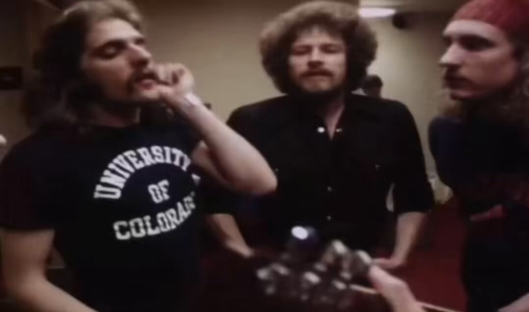The Eagles warming up backstage before a performance, 1977