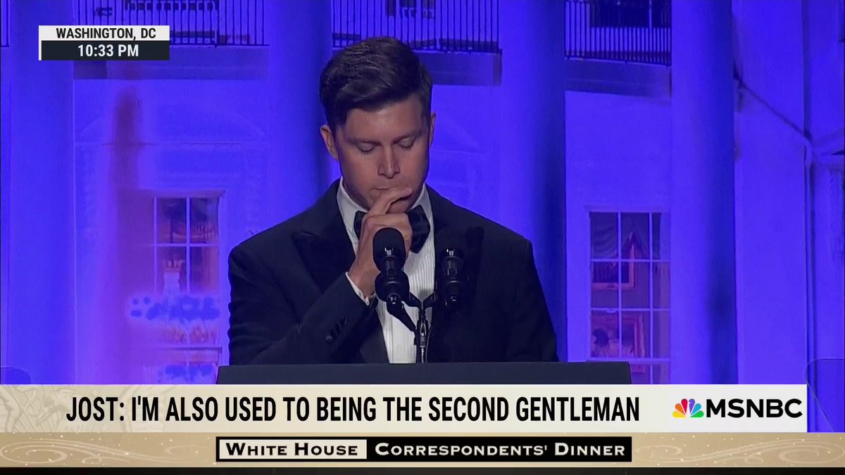 "Can we just acknowledge how refreshing it is to see a President of the United States at an event that doesn't begin with a bailiff saying, 'All rise?'" jokes host Colin Jost at the 2024 White House Correspondents’ Dinner.